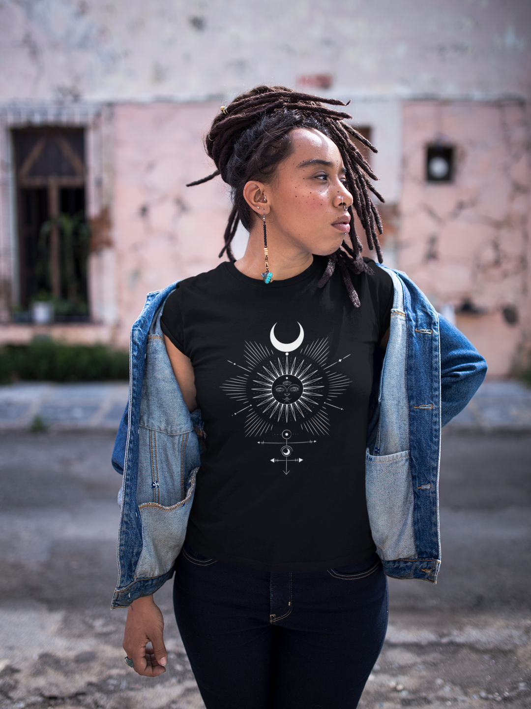 Celestial Sun and Moon Short Sleeve Black T-Shirt