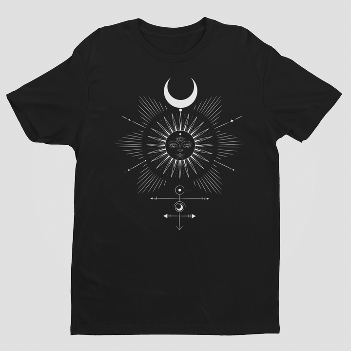 Celestial Sun and Moon Short Sleeve Black T-Shirt