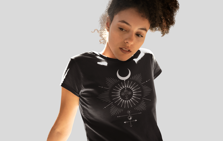 Celestial Sun and Moon Short Sleeve Black T-Shirt